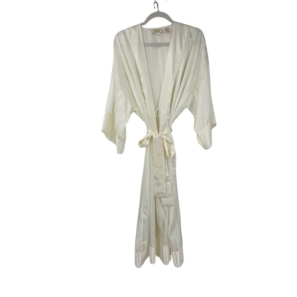 Vintage Victorias Secret Ivory Satin Jacquard Robe S Kimono Tie Waist Bridal 90s